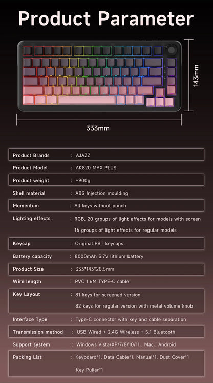 AJAZZ AK820 MAX PLUS Tri-mode TFT Screen Gaming Keyboard 8000mAh dual system hot swap FR4/PC Plate Volume Knob