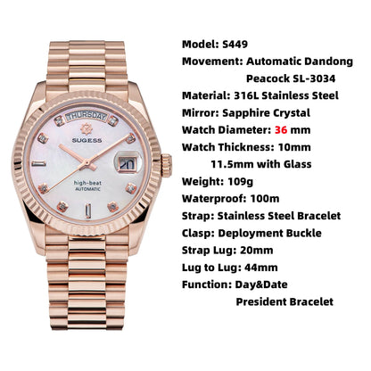 Sugess Watch of Men 36mm Date Automatic Retro Mechanical Wristwatches Sapphire Crystal RoseGold Dandong SL3034 Movement Day New