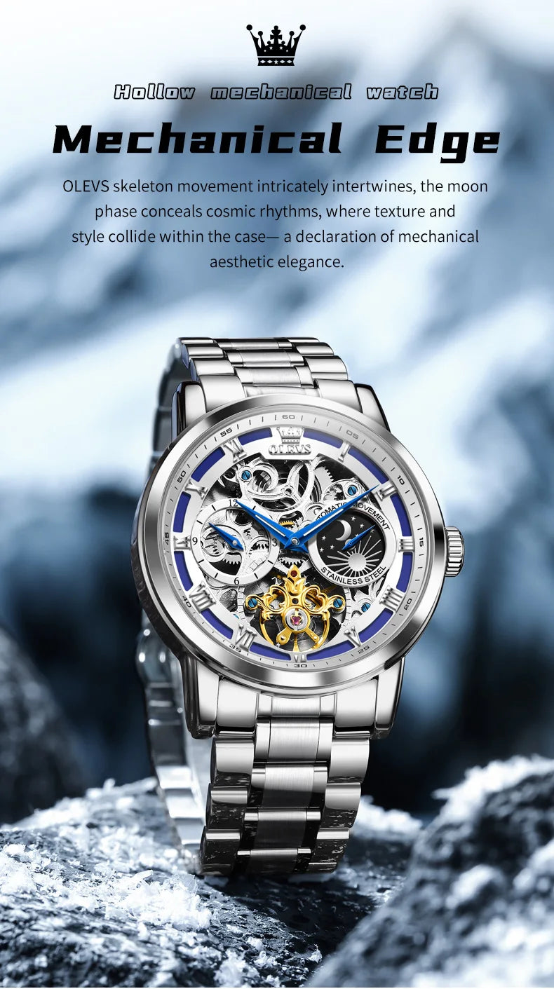 OLEVS 6670 Mens Watch Luxury Brand Skeleton Mechanical Watch Moon Phase Stainless Steel Watches For Man Gifts Box High Quality