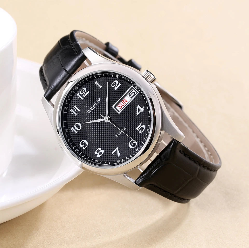 BERNY Men's Watch Quartz Day Top Calendar Wristwatch Waterproof Blued Steel Hands Arabic Numerals Easy Read Relogio Masculino