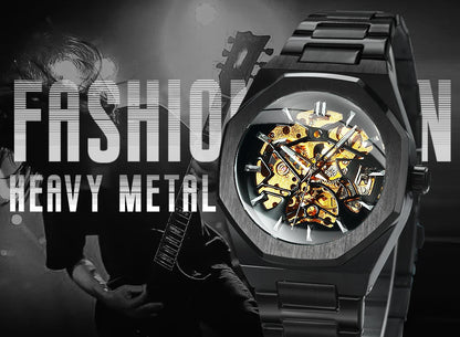 WINNER Black Gold Skeleton Mechanical Watches for Men Fashion irregular Automatic Watch Luxury Brand Stainless Steel Strap 2023