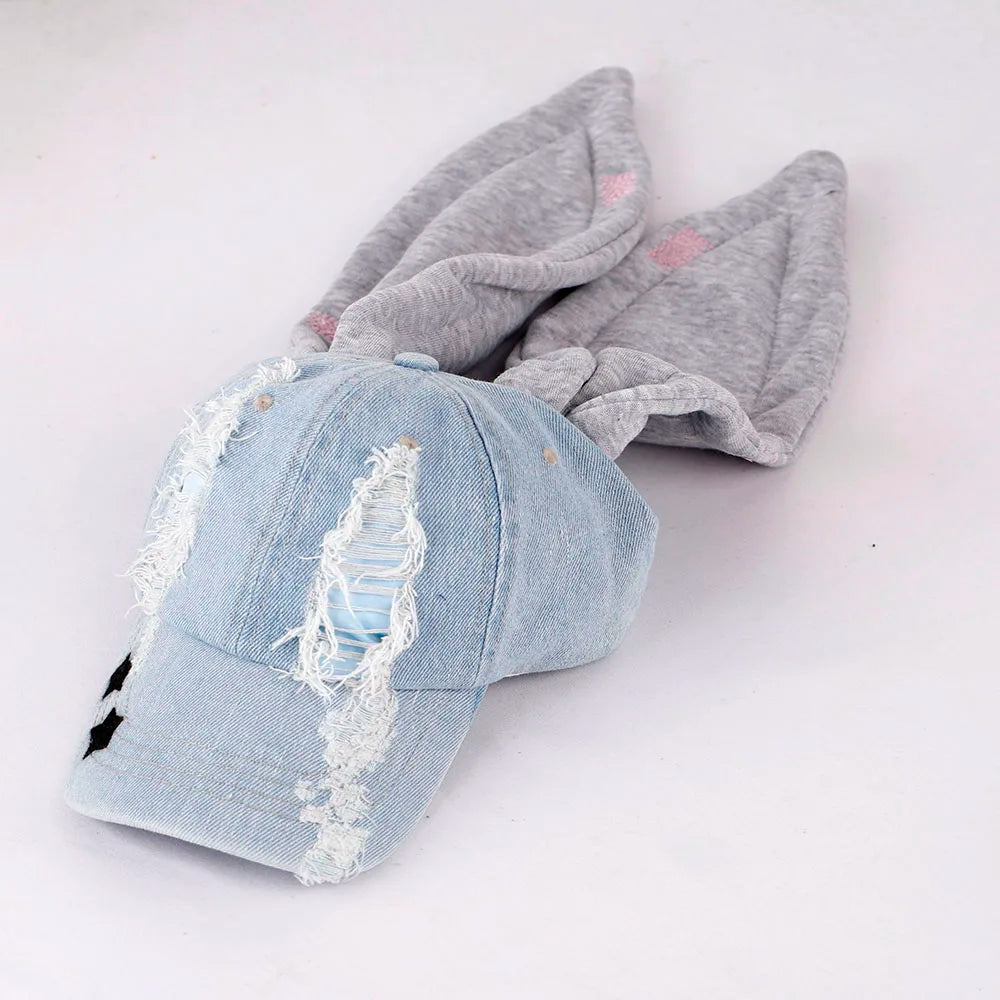 New MinJi Haerin OMG Stage Long Rabbit Ear Hat Y2K Style Denim Blue Baseball Cap Fashion Hip-Pop Cap Couple Birthday Gifts