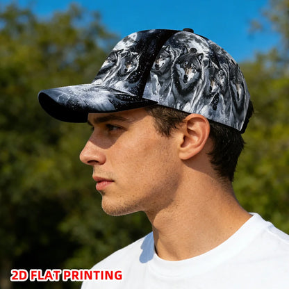 Classic Baseball Cap Featuring a 2D Flat Print of Wolves Under a Full Moon a Lightweight Adjustable Duckbill Hat