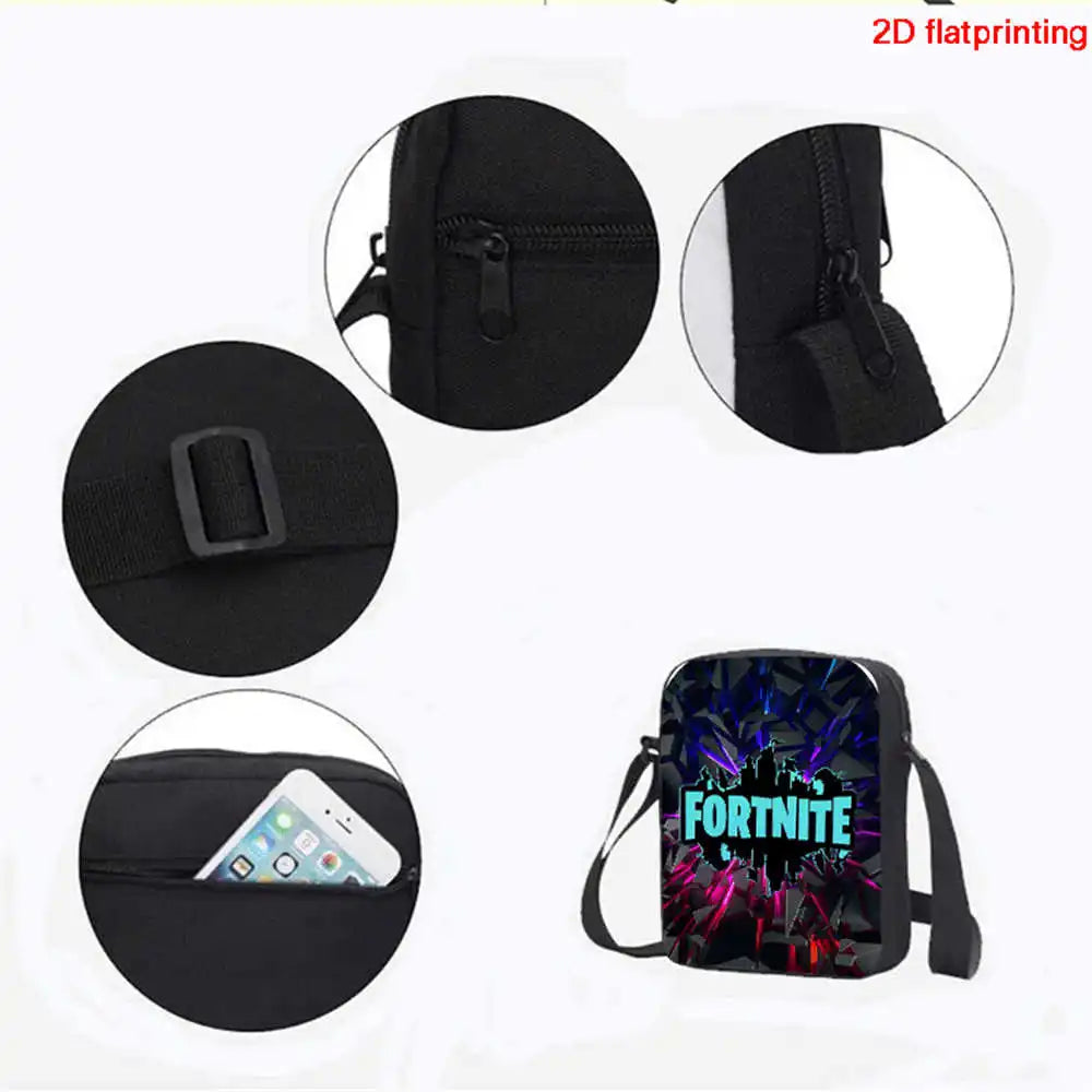 Conjunto de Mochila Fortnite Cartoon de 3 Peças Unissexo para Rapazes e Raparigas, Mochila com Bolso Frontal, Mala a Tiracolo e Estojo, Presente Ideal