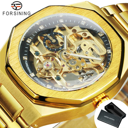 Forsining Tourbillon Skeleton Mechanical Watch for Men Luminous Hands Stainless Steel Strap Fashion Business Automatic Watches