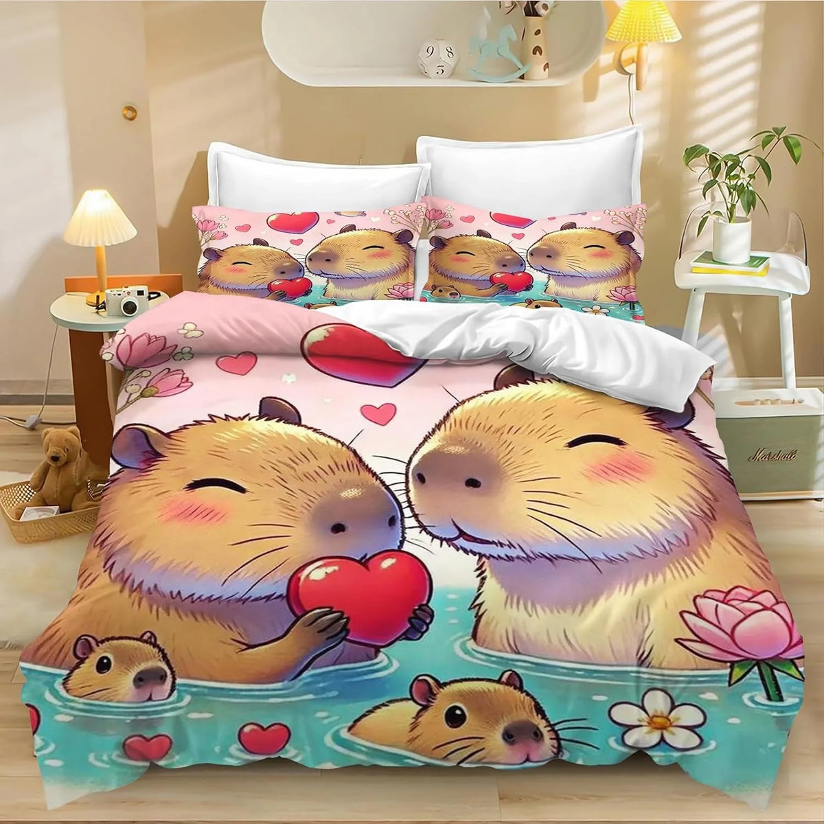 4 Cartoon Capybara Duvet Cover Pillowcase Capybara Bedding Set Adult Boy Girl Bedroom Decoration Children Single Double Size