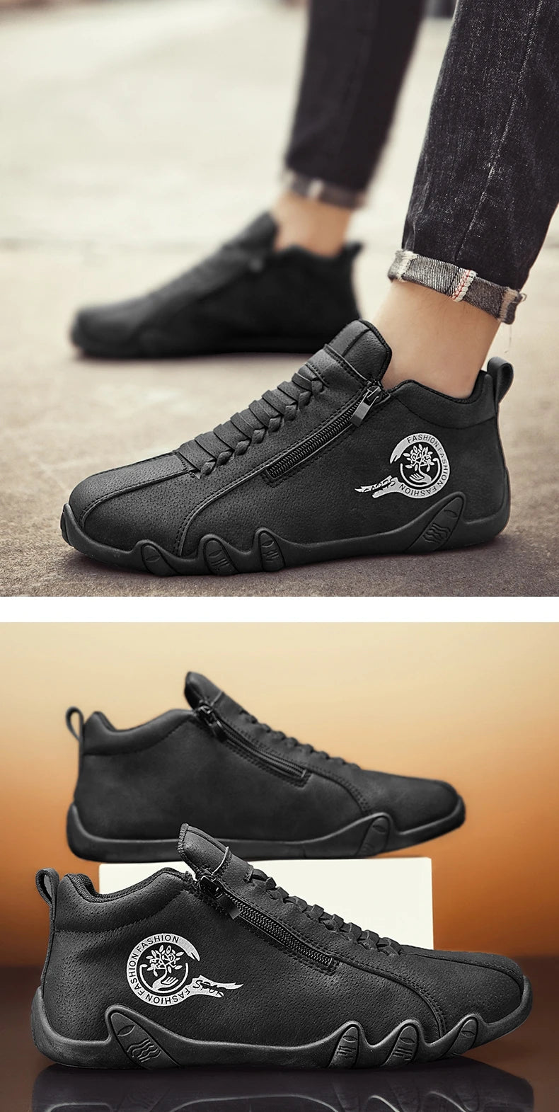 Men's Casual Shoes Side Zipper Short Boots Versatile Flat Bottom Trendy Fashionable Men's Shoes Suitable for Outdoor Sports