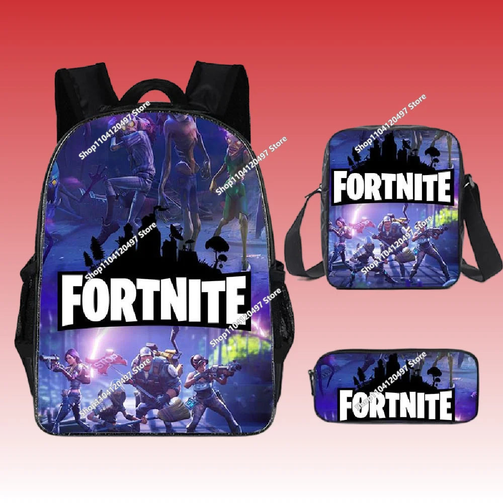3pcs/set Mochila Fortnite de grande capacidade para estudante, estilo anime e cartoon, estojo, lancheira kawaii, presentes de aniversário