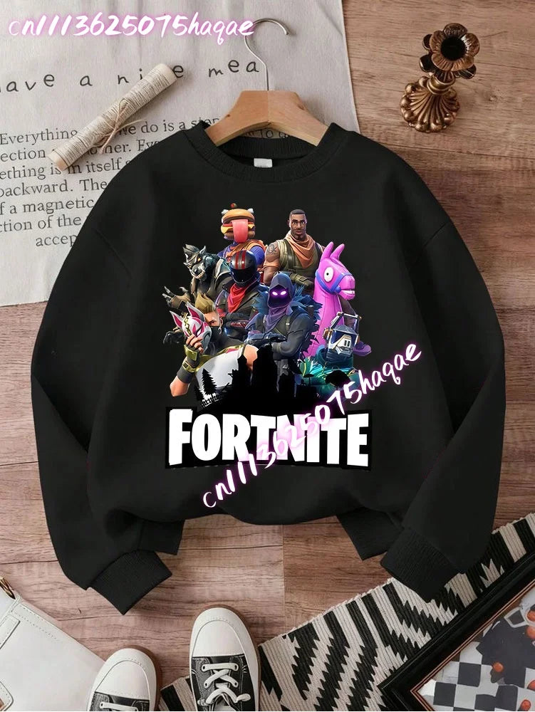 Sweat-shirts Fortnite novos para criança, hoodie com estampado de personagens de jogo em estilo cartoon, tops casuais de outono para criança, roupa de inverno para bebé menino