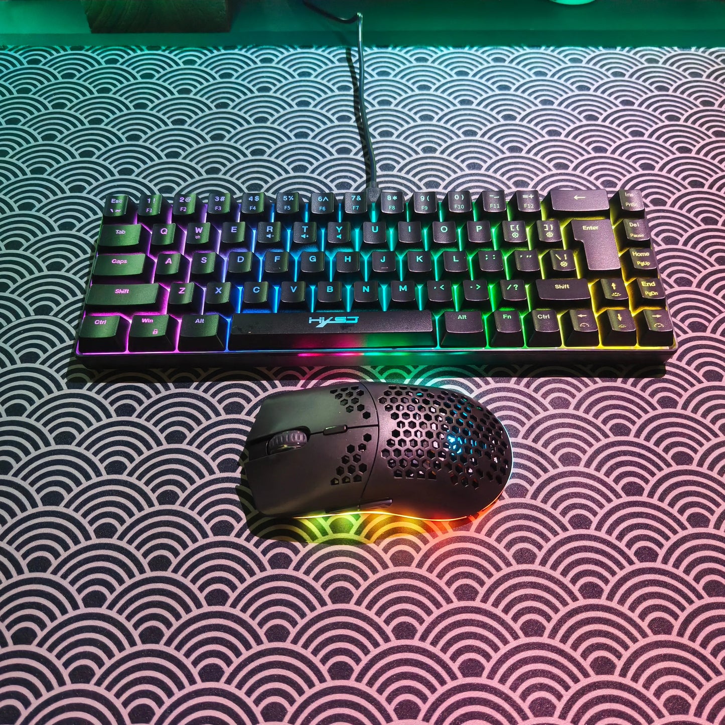 Portable HXSJ 60% RGB Gaming Keyboard and Mouse Set 68-Key Wired Membrane Keyboard 3-Mode Lightweight Wireless Mouse for PC Mac