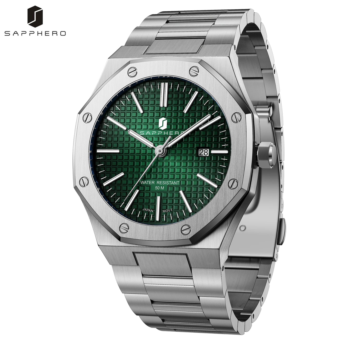 SAPPHERO Men’s Analog Watch Stainless Steel Japan Quartz Movement Date Display 50m Waterproof Classic Business Casual Wristwatch