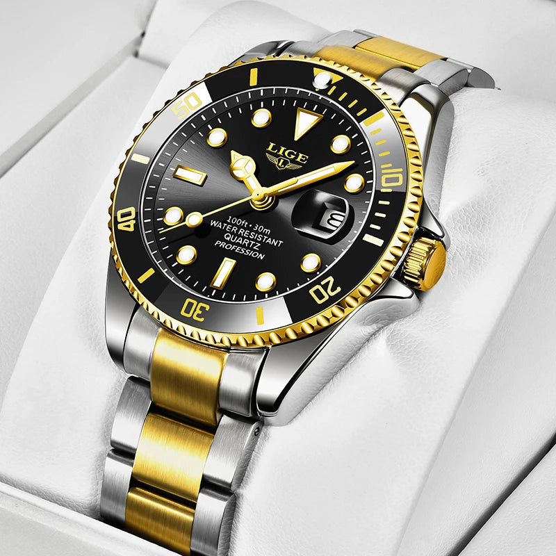 LIGE Fashion Business Watch Men 3ATM Waterproof Luminous Wristwatch Men Clock Top Brand Luxury Sports Quartz Diving Chronograph