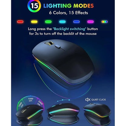 Conjunto de teclado e rato sem fios com retroiluminação RGB, letras iluminadas recarregáveis, tamanho completo, ergonómico, modo de suspensão, 2.4GHz