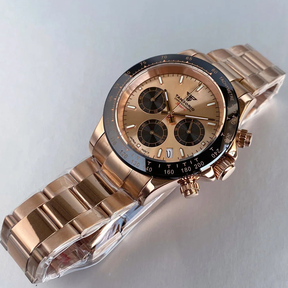 Relógio de Luxo para Homem VK63 com Movimento de Quartzo, Cronógrafo Business, 39mm, Aço/Ouro Rosa, Data, Mostrador Luminescente, Cronógrafo Completo