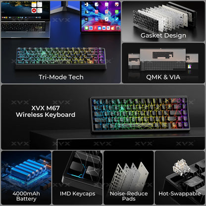 Teclado XVX Spider Web M67 JadeStone com Teclas IMD-Tech, Ligação Tri-Mode e Retroiluminação RGB Personalizada 60%