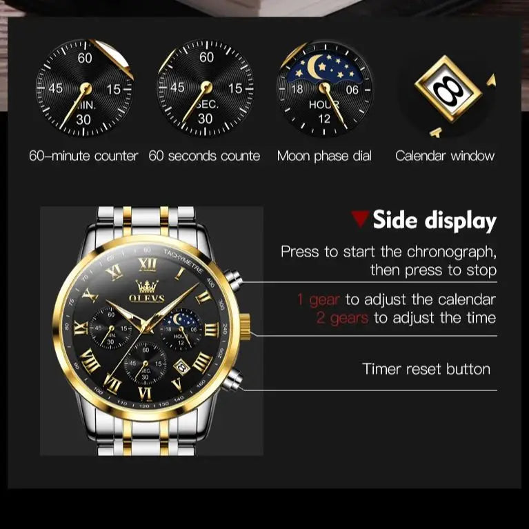 Relógio de Homem OLEVS 5529 de Marca Top Luxury, Impermeável, Luminoso, em Aço Inoxidável, com Fase Lunar e Código de Temporização, Novo Relógio de Quartzo para Homem