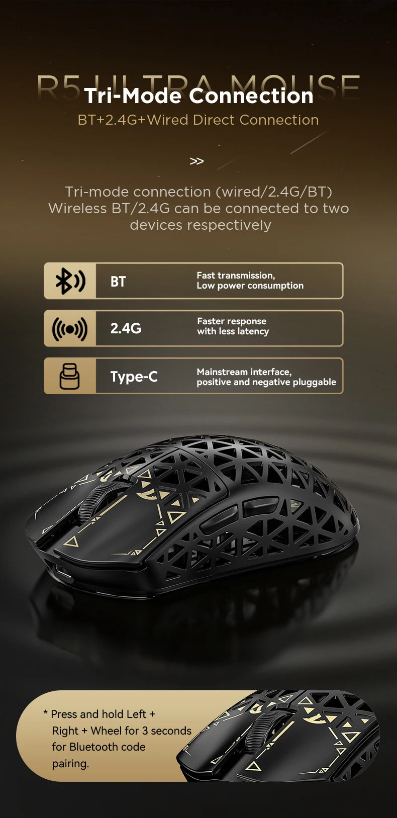 Rato Gaming Sem Fios ATTACK SHARK R5 ULTRA - Polling 8K, Sensor PAW3950MAX, 42,000 DPI, Fibra de Carbono Ultraligeira para Esports Profissionais
