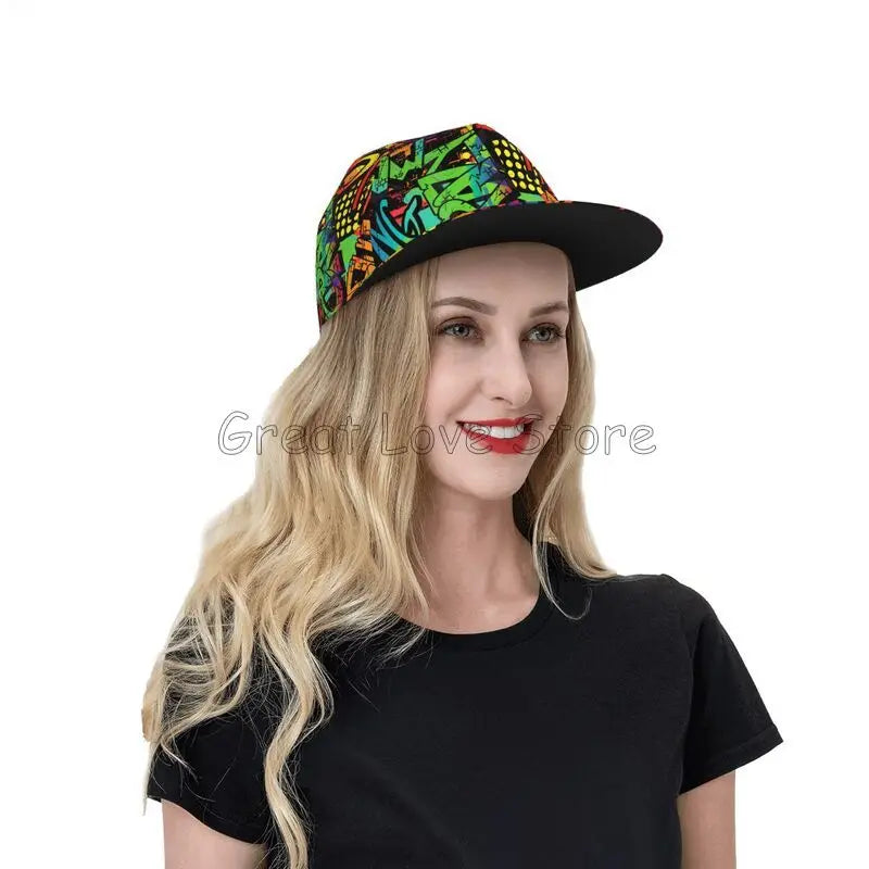 Farverig baseballcap med graffitikunst-print, justerbar snapback-kasket til mænd og kvinder, unisex hiphop-kasketter med flad skygge