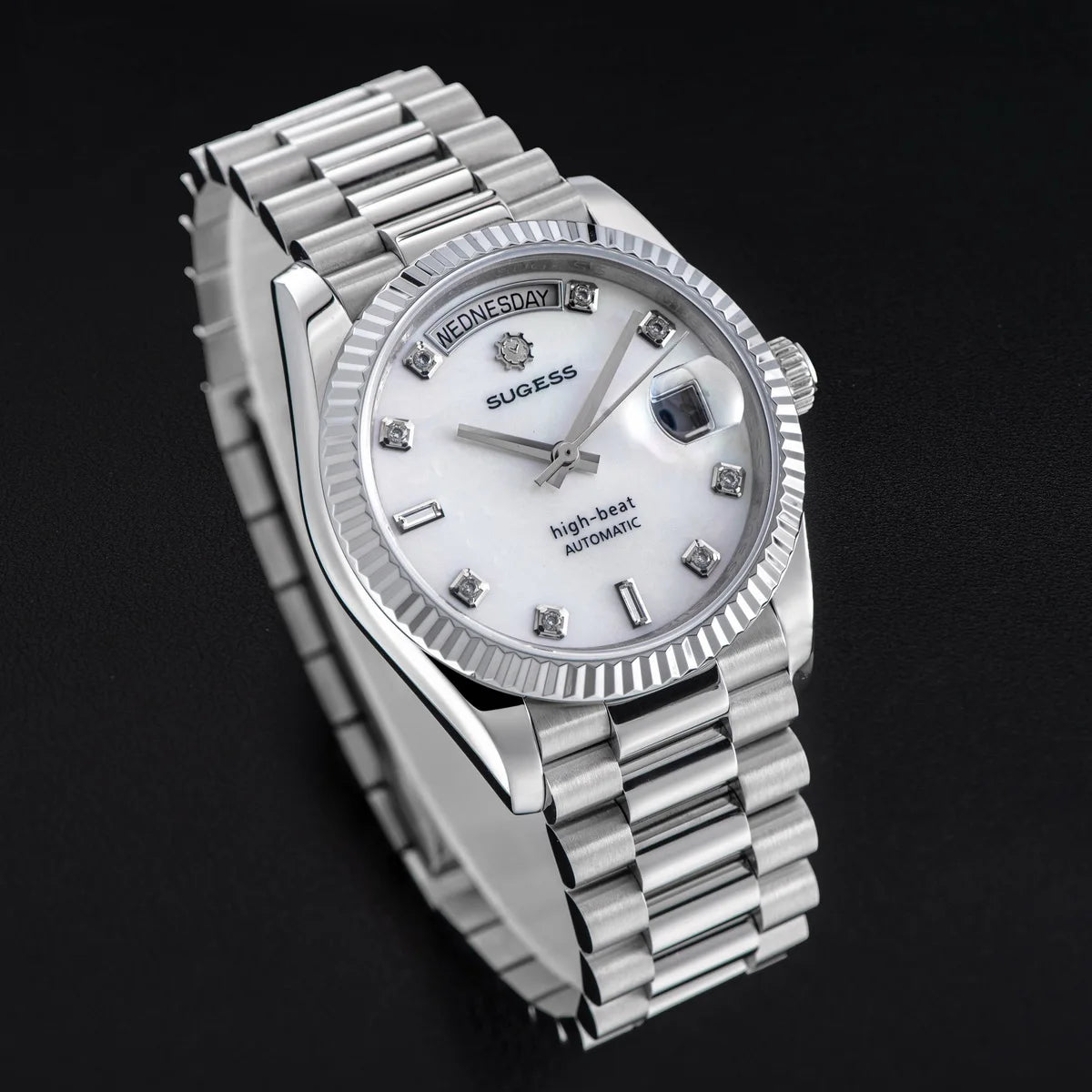 Sugess 36mm Mens of Watch Automatic Dandong Peacock SL3034 Day Movement Sapphire Glass 100m Waterproof Wristwatches MOP Date New