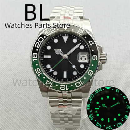 BLIGER 40mm 515 24H GMT Men's Watch Stainless Steel Clasp Luminous Quartz Movement Ceramic Bezel 10Bar Waterproof Sapphire Glass