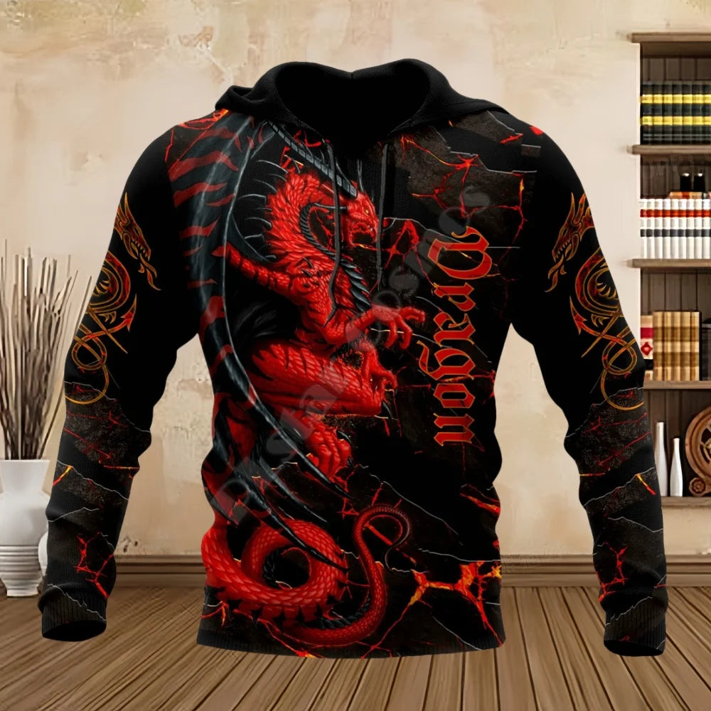 Sweatshirts com Dragão Tatuado, Estampado 3D, para Primavera e Outono, Hoodies com Capuz para Homem, Manga Comprida, Unissexo, Streetwear Casual para Homem