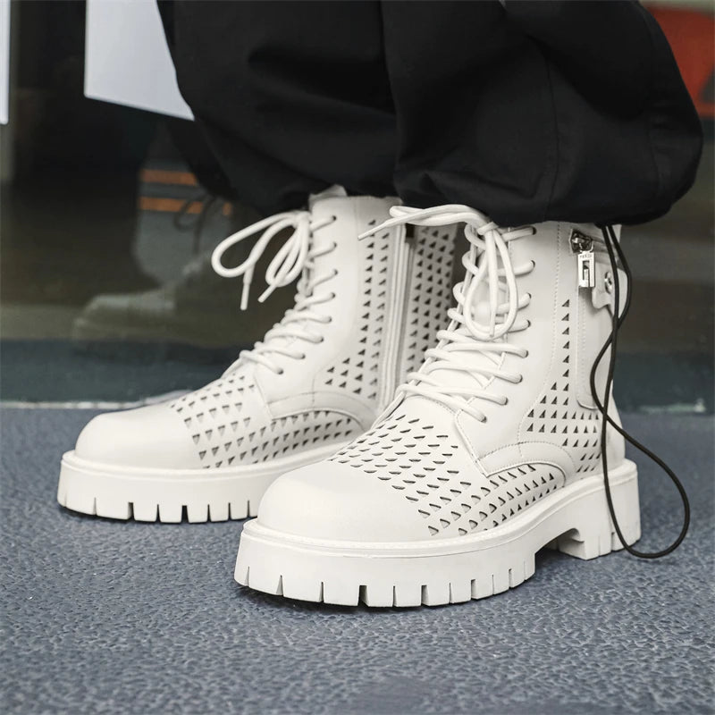 Non-Slip Men's High Top Casual Leather Shoes Street Style Motorcycle Boots New Stylish Ankle Boots Thick Bottom Walking Footwear