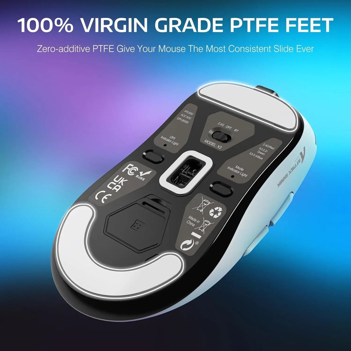 Rato Gaming Sem Fios Bluetooth Attack Shark X3Pro PixArt PAW3395 26000dpi, Rato Ótico com Ligação Tri-Mode e Macros para Gaming