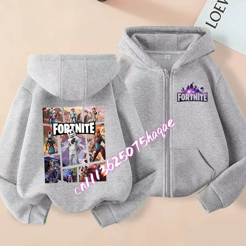 Casaco Outdoor Infantil Cartoon FORTNITED para Rapariga e Rapaz, Sweatshirt com Fecho, Corta-Vento Fino de Alta Qualidade para Outono, Peça Superior de Vestuário