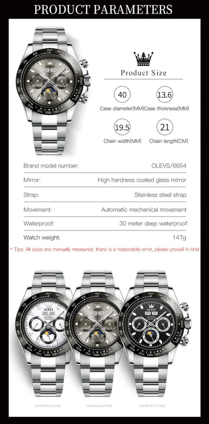 OLEVS 6654 Luxury Mens Watch Chronograph Automatic Mechanical Wristwatch Waterproof Luminous Top Brand Watch for Man Date Sport