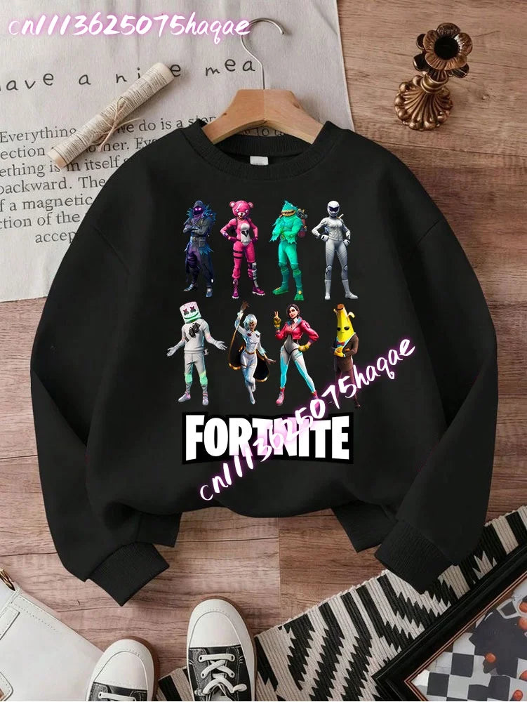 Sweat-shirts Fortnite novos para criança, hoodie com estampado de personagens de jogo em estilo cartoon, tops casuais de outono para criança, roupa de inverno para bebé menino