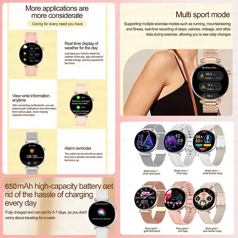 New 1.32inch Smart Watch For Women Health ECG Health Lady Watches Full Touch Screen Call Custom Dial Diamond Strap Smartwatch