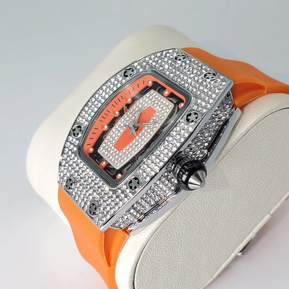 Luxury Diamond Watch For Women Elegant Tonneau Original Design Watches Fashion Ice Out Sport Rubber Strap Waterproof Mille Clock