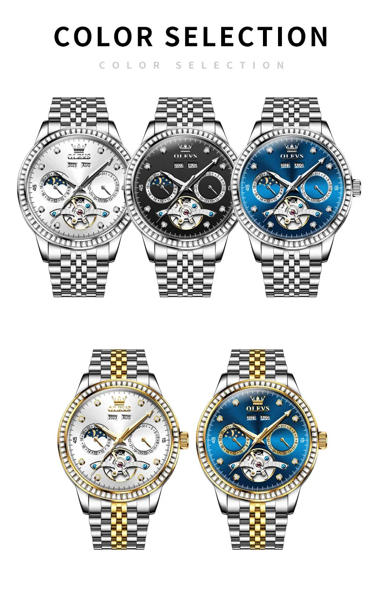 OLEVS 7016 Luxury Automatic Watch Men Skeleton Tourbillon Moon Phase Calendar Waterproof Stainless Steel Mechanical Wristwatch