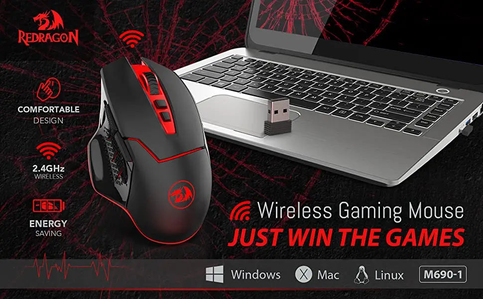 Rato Gaming Sem Fios Redragon M690-1 2.4Ghz com Mudança de DPI, 2 Botões Laterais, 2400 DPI, Design Ergonómico, 8 Botões - Preto