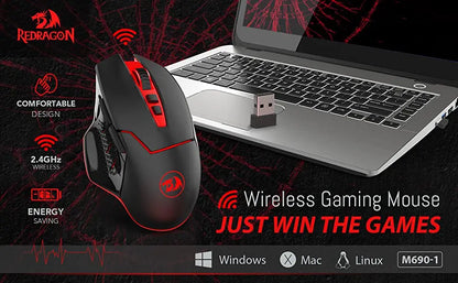 Rato Gaming Sem Fios Redragon M690-1 2.4Ghz com Mudança de DPI, 2 Botões Laterais, 2400 DPI, Design Ergonómico, 8 Botões - Preto