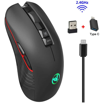 Rato gaming sem fios 2.4G USB-C recarregável 3600DPI, 7 botões, Type-C, silencioso, para MacBook, portátil, PC e computador