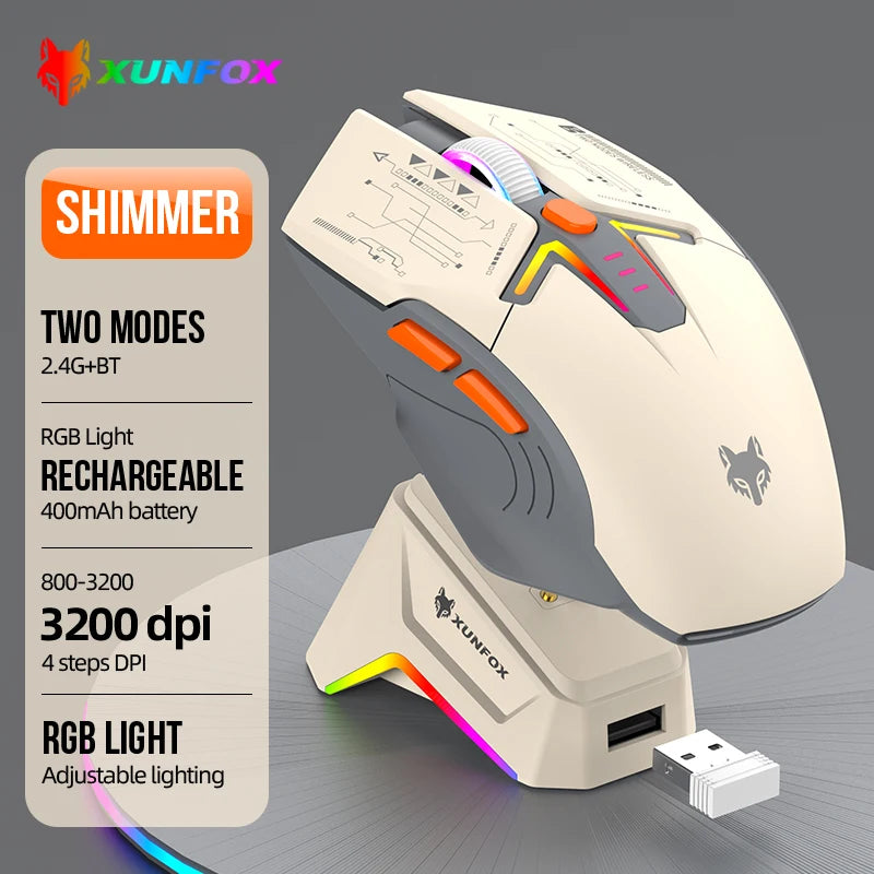 Rato XUNSVFOX H2 sem fios Bluetooth de modo duplo, iluminação RGB, para portátil, gaming e escritório, com carregamento magnético