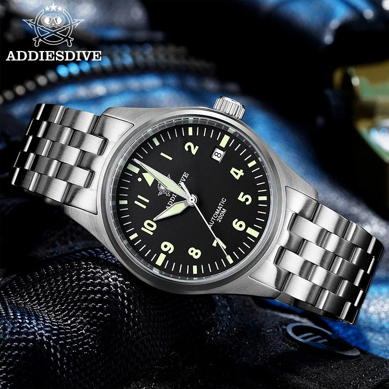ADDIESDIVE Classic Men's Automatic Mechanical Watch 200m Water Resistant C3 Luminous 316L Stainless Steel Vintage Watch AD2519