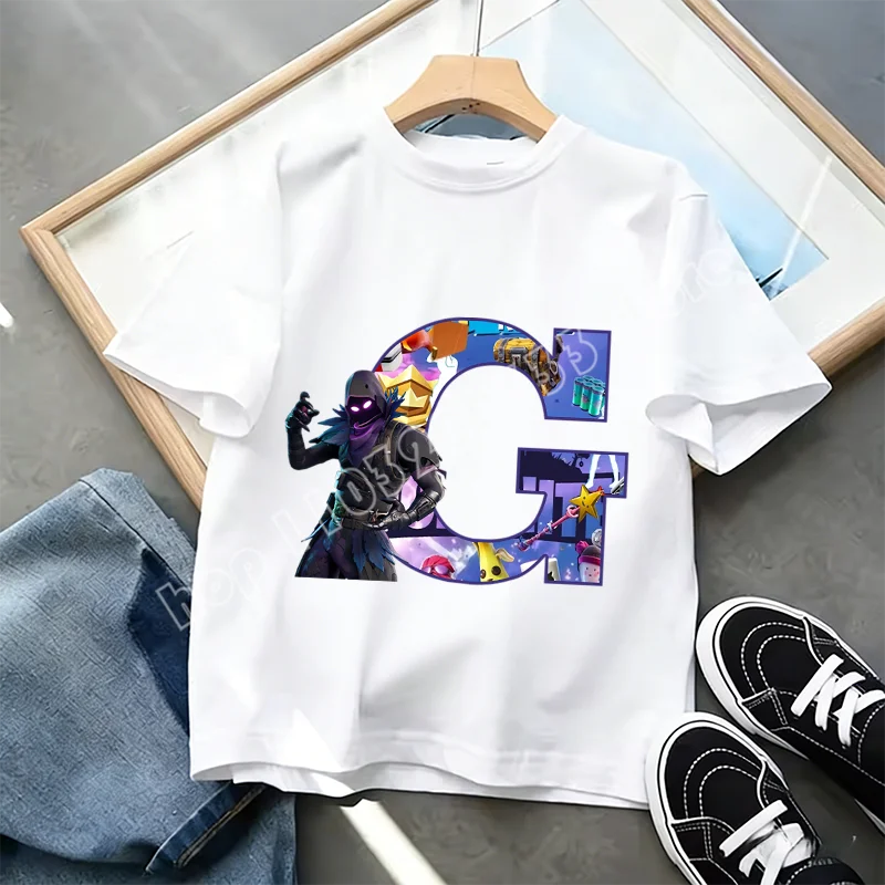 T-shirt Infantil Branco Fortnite com Estampado Alfabeto A-Z — Roupa de Verão, Jogo de Desenhos Animados Popular, Manga Curta Casual, Presente de Moda