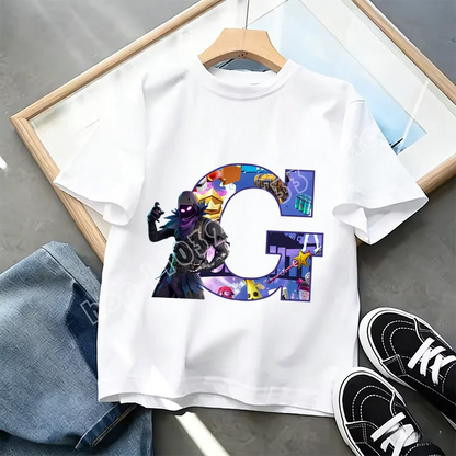 T-shirt Infantil Branco Fortnite com Estampado Alfabeto A-Z — Roupa de Verão, Jogo de Desenhos Animados Popular, Manga Curta Casual, Presente de Moda