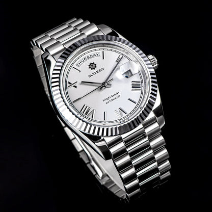 Sugess Watch Mens 40mm Date Day Automatic Dandong Peacock SL3034 Movement Retro Mechanical Wristwatch Sapphire Glass Golden New