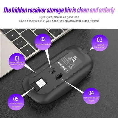 Rato sem fios recarregável de modo duplo, compatível com Bluetooth, 2.4G USB, para computador portátil, iPad, tablet e notebook, rato gaming