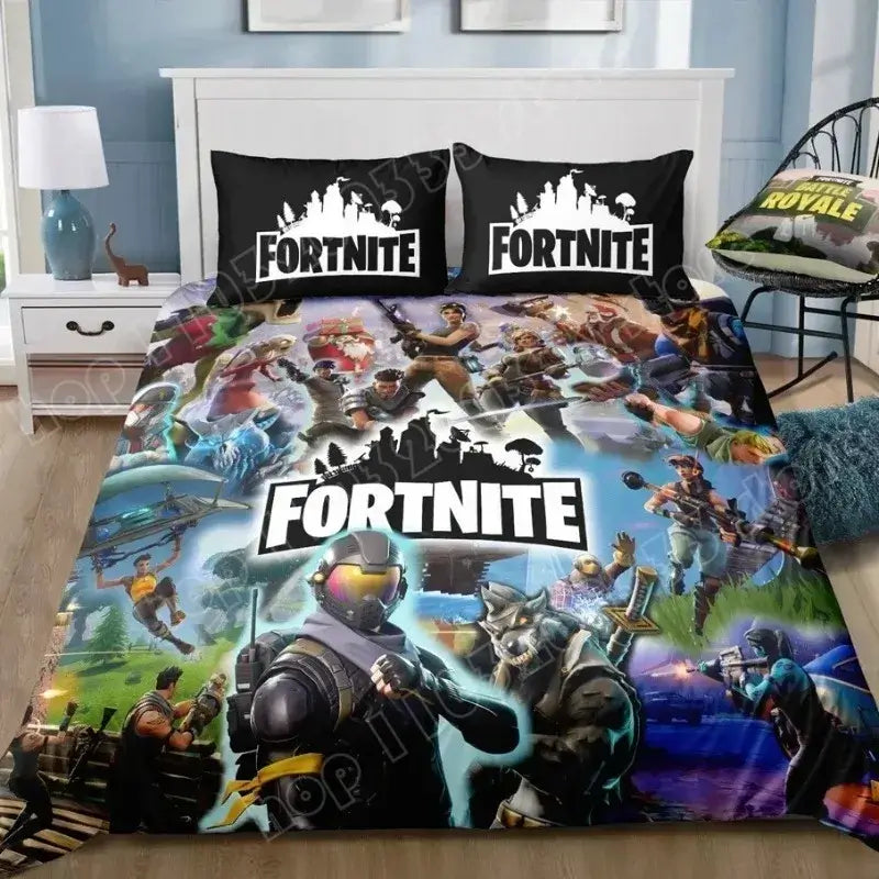Set de lenjerie de pat Fortnite, 3 piese, imprimare 3D, lenjerii pentru dormitor, joc, desen animat, lenjerie decorativă, husă de pilotă, față de pernă, cadou de ziua de naștere