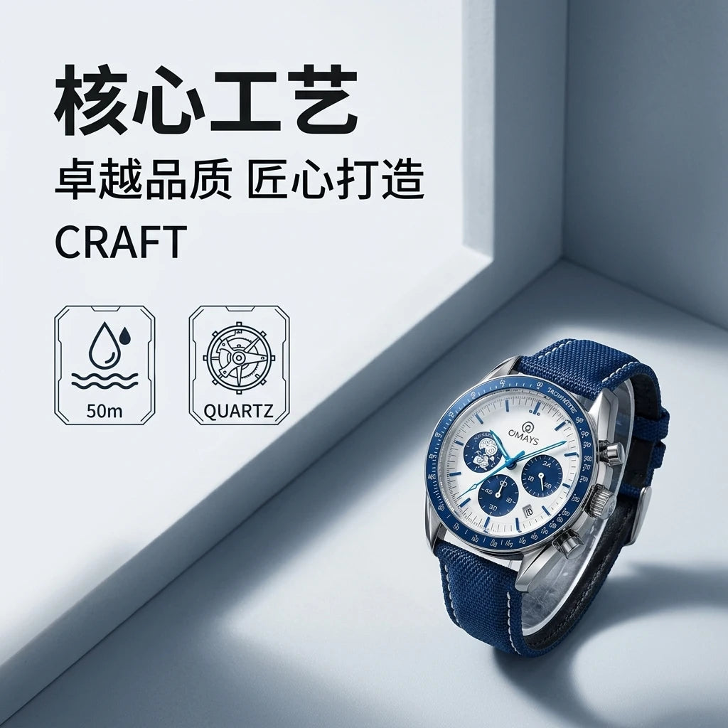 OMAYS Men's Luxury Sport Watch, 50th Anniversary Edition, Blue Nylon Band, Chronograph Quartz Wristwatch