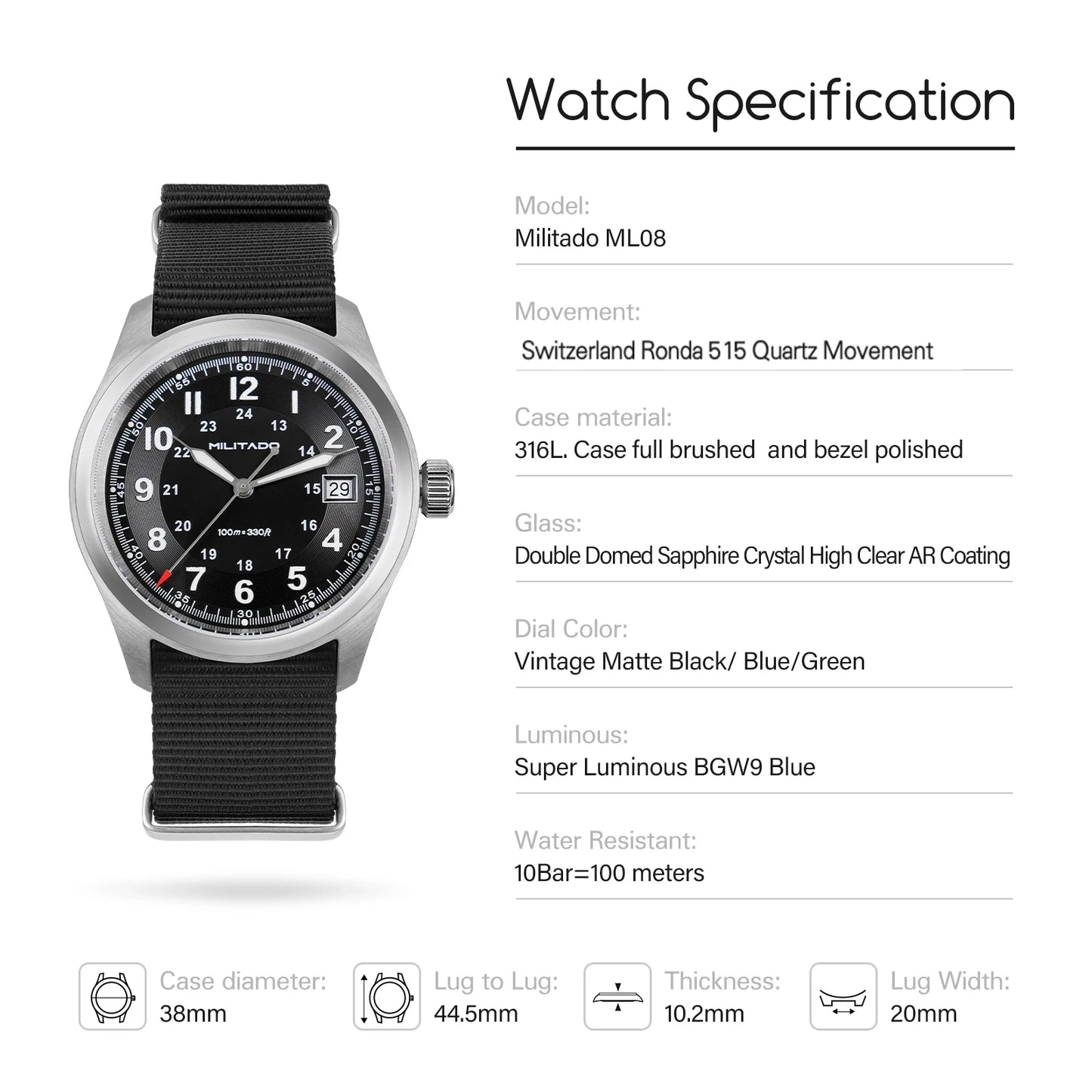 Militado ML08 Quartz Watch Ronda 515 Movement Domed Sapphire Wristwatch BGW9 Luminous 10Bar Waterproof 38mm Vintage Watches