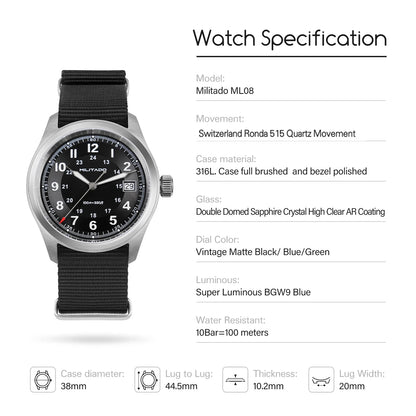 Militado ML08 Quartz Watch Ronda 515 Movement Domed Sapphire Wristwatch BGW9 Luminous 10Bar Waterproof 38mm Vintage Watches