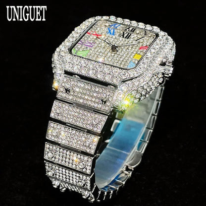 UNIGUET Big Diamond Watch Men Luxury Colored Roman Literal Watch Man Hip Hop Jewelry Bling Bling Square Wristwatch Dropshipping
