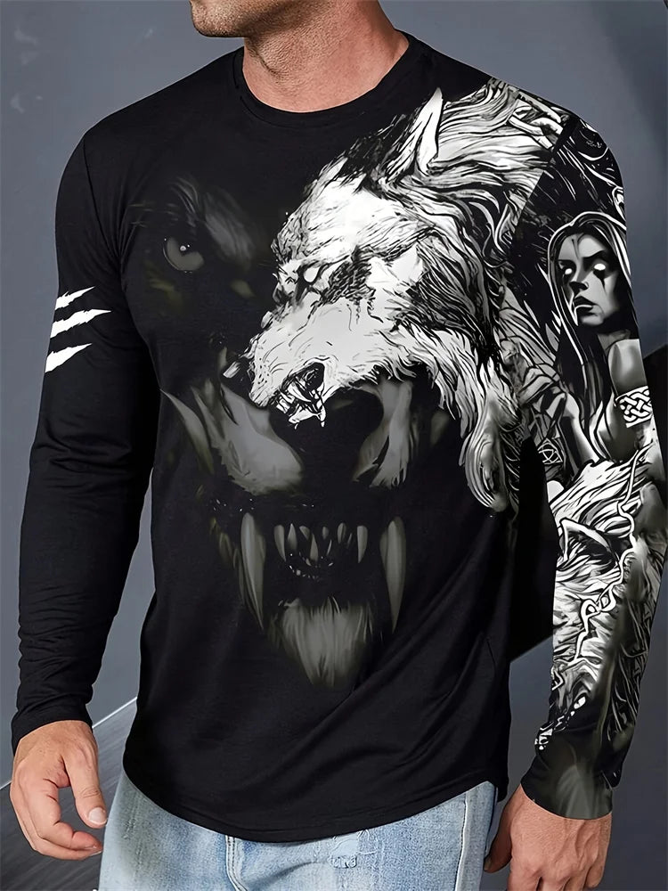 T-shirt de manga comprida para homem com novo estampado de lobo 2024, camisa casual diária de primavera e outono, moda streetwear masculina