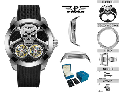 PINDU Watch New TOP Men Mechanical Watches Double Flywheel Automatic Movement Sapphire 5ATM Waterproof 45.5MM Wristwatches Men