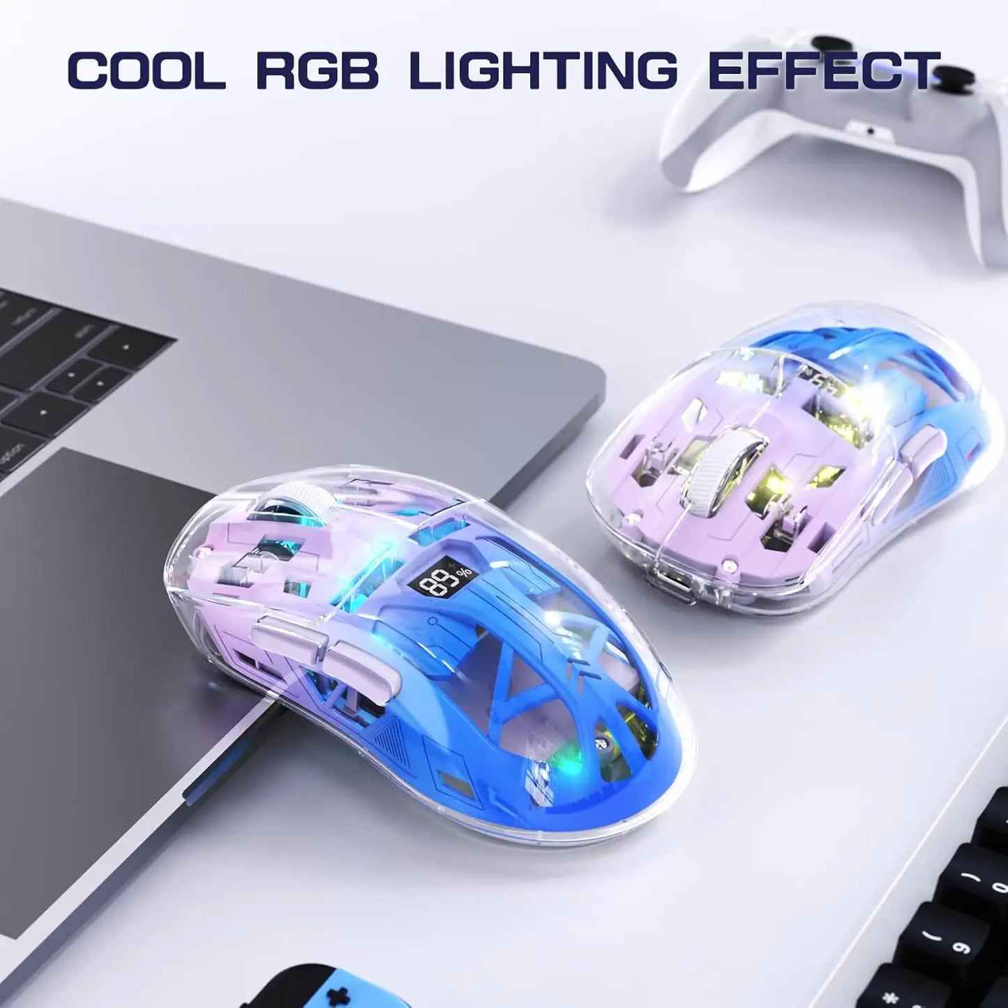 Rato Gaming Sem Fios Transparente A2, BT 5.0/2.4G para PC, Recarregável, RGB, com Ecrã Digital, PixArt 3212, 5 Níveis de DPI Ajustáveis